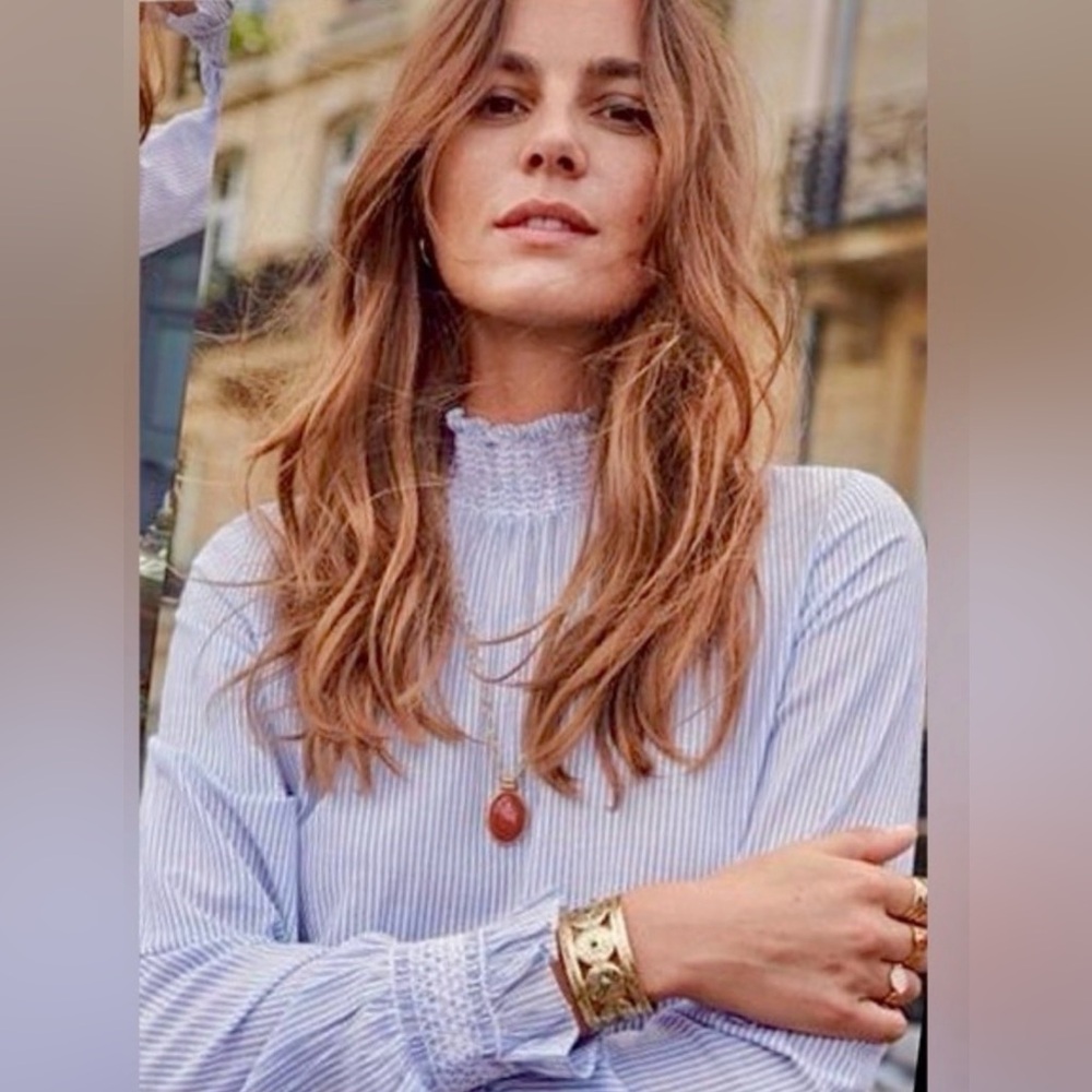 Sezane Blue and White Pinstripe Smocked Neck Blouse